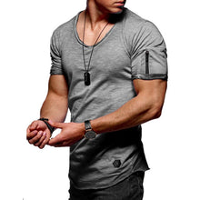 Load image into Gallery viewer, Zipper sleeve slim fit t-shirt men V Neck Raw edge t shirt men camisetas hombre hip hop steetwear tops tee shirt homme t-shirt