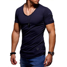 Load image into Gallery viewer, Zipper sleeve slim fit t-shirt men V Neck Raw edge t shirt men camisetas hombre hip hop steetwear tops tee shirt homme t-shirt